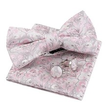Mens Floral Pre Tied Bow Tie, Pocket Square and 052-silver/ Pink/ Gray
