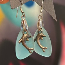 Aqua Blue Sea Glass Dolphin Dangle Earrings with Silver-Tone Charms