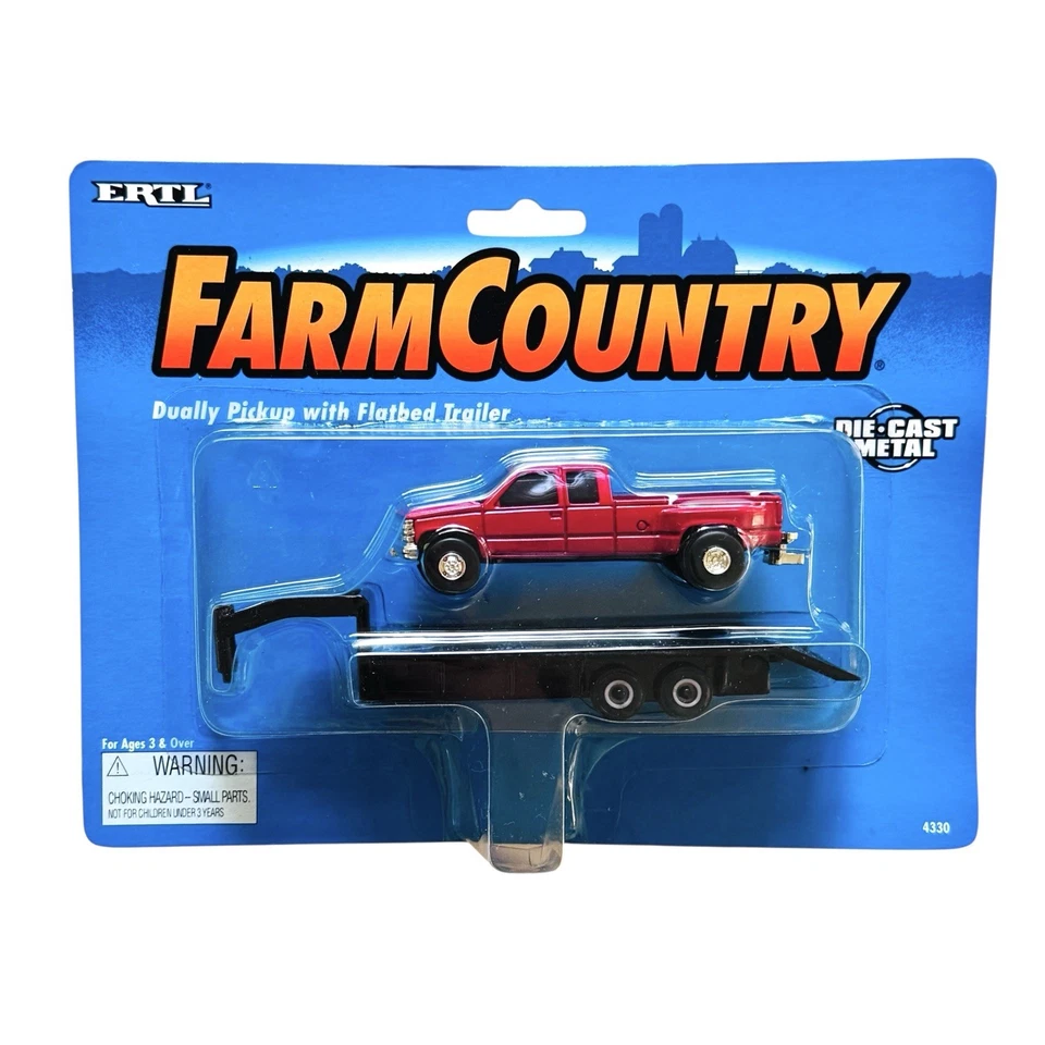 Camioneta doble Chevy Ertl Farm Country roja con remolque de plataforma plana 1996 fundido a presión #4330 Foto 4 de 4