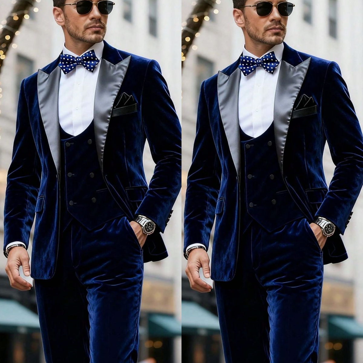 Velvet Men's Suit Navy Blue Tuxedo Jacket Peak Lapel Prom Banquet Evening 3Pcs