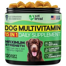 VET TREAT 15-in-1 Dog Multivitamin Chews w/ Glucosamine, Salmon Oil, Made USA