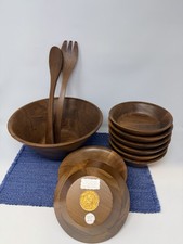 VTG MCM Burl Walnut Billings Missouri 11-Piece Wooden Salad Bowl Set Servers 8