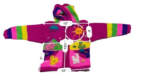 Kids Alpaca Knit Hooded Zip Up Sweater Pink Hand Embroidered Size 4 (3-5) Peru - Picture 10 of 17