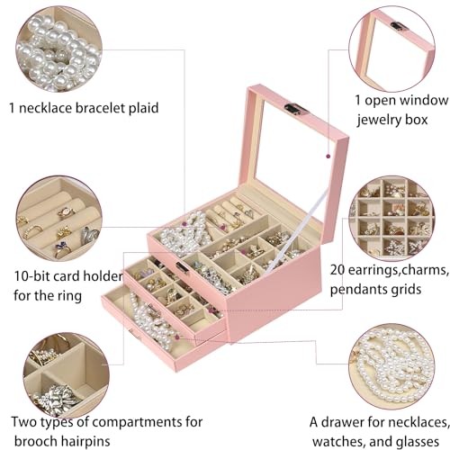 Klarer Deckel Schmuckkästchen,s Schmuck Organizer Groß Multifunktional 3 Schichten Rosa - Bild 4 von 8