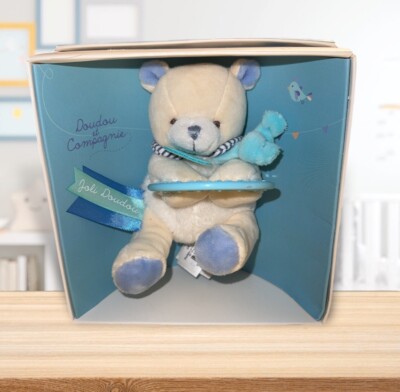 Doudou et Compagnie Paris France Bear Baby Teething Ring White Blue Lux Soft NIB