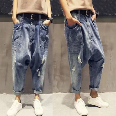New Womens Denim Ripped Hole Drop Crotch Jeans Baggy Harem
