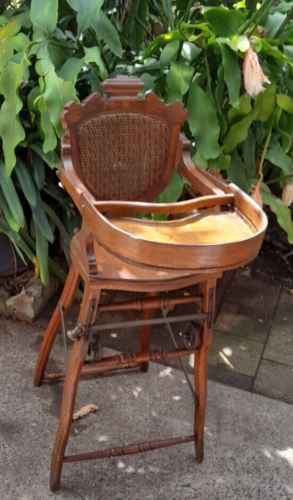 Victorian Metamorphic Oak Caned Childs High/Low Chair Convertible C.1890 Rare