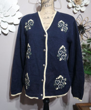 Vintage CHRISTOPHER BANKS Hand Embroidered Navy Hearts Flowers Knit Cardigan