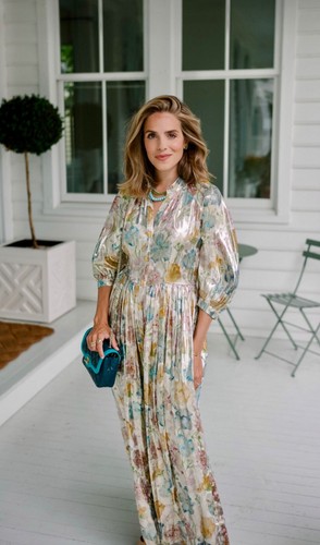Hayley Menzies Shimmer Silk Floral and Gold Bonita Long Midi Shirt Dress, XS
