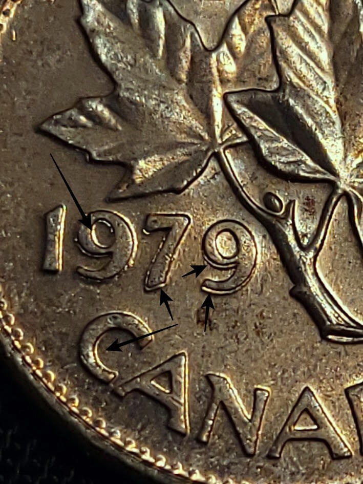 1979 DBL Die Canada Queen Elizabeth 1 Cent Penny Doubling Date OBV