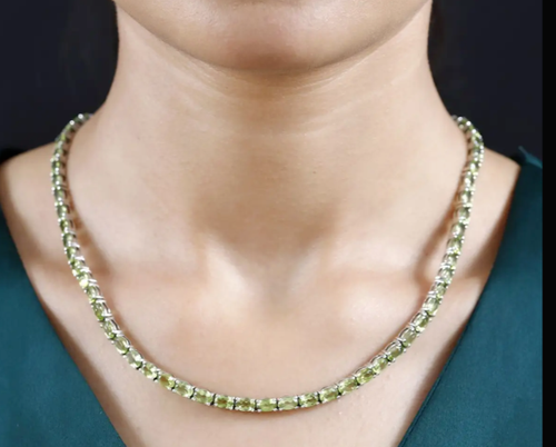 16 Inch Tennis Necklace Green Peridot Oval 6*4 MM Sterling Silver Platinum Over - Picture 3 of 5