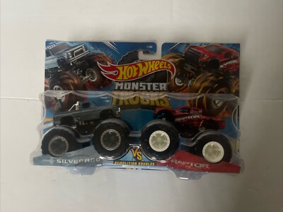 DieCast Hot Wheels Monster Trucks Silverado Vs Raptor Demolition Doubles...
