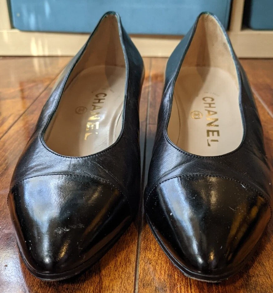 Used Chanel 5.5 black calf leather patent cap toe classic heel pumps