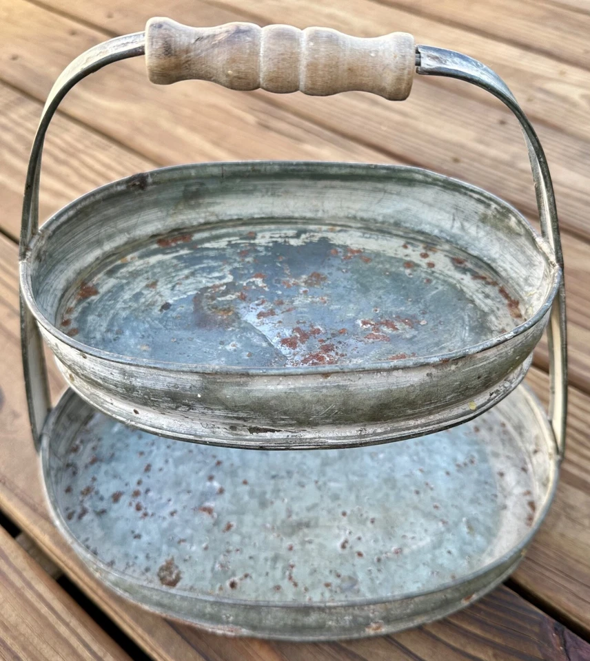 Vintage Galvanized 2-Tiered Rustic Oval Trays w/ Wood Handle No Holes 11" Wide - Image 3 of 4