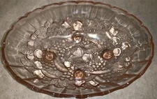 Large Embossed Raised Fruit Pink Depression Glass Footed Oval Bowl Scalloped