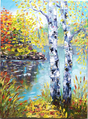 Autumn forest with river nature landscape oil painting. Without frame. 30х40 cm