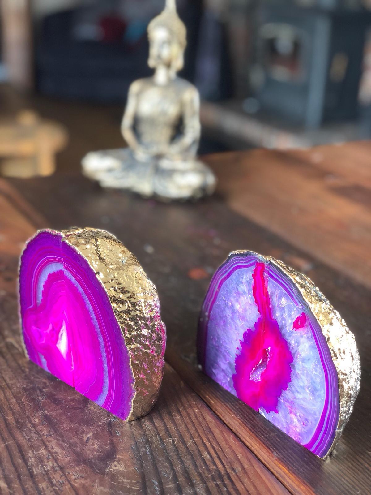 Pink Agate 24ct Gold Edge Microcrystalline Quartz Premium Bookends Ornament Pair