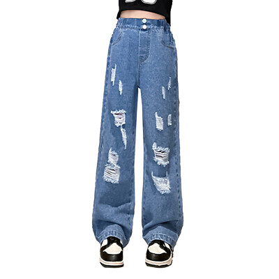 Girls Wide Leg Ripped Jeans Denim Pants Elastic Waist Distressed