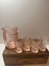 Mosser Miniatures Jennifer Pitcher and Glasses Pink Glass Cameo Pattern 5 pc Set
