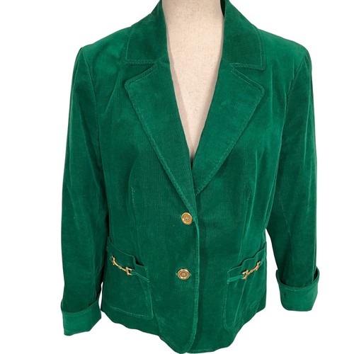 Talbots Blazer Womens 14 Kelly Green Corduroy Gold Horsebit Buckle Preppy