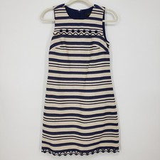 J Crew Striped Scalloped Shift Dress with Grommets 00 Navy Tan Sleeveless E8993