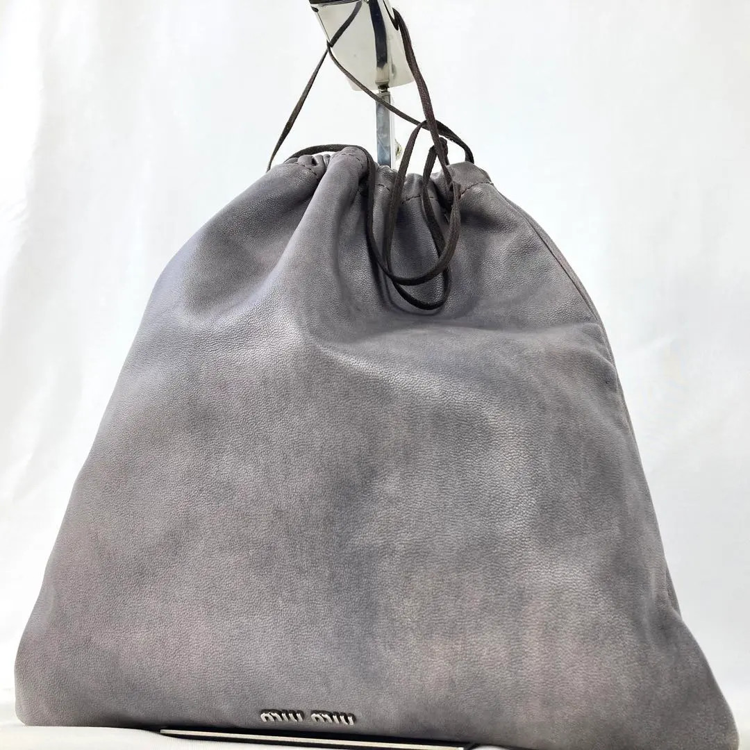 MIU MIU Archive Drawstring Pouch Shoulder Bag Gray Leather USED FS