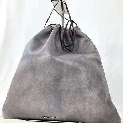 miumiu レザースクールバッグ　archive MIU MIU Archive Drawstring Pouch Shoulder Bag Gray Leather USED FS