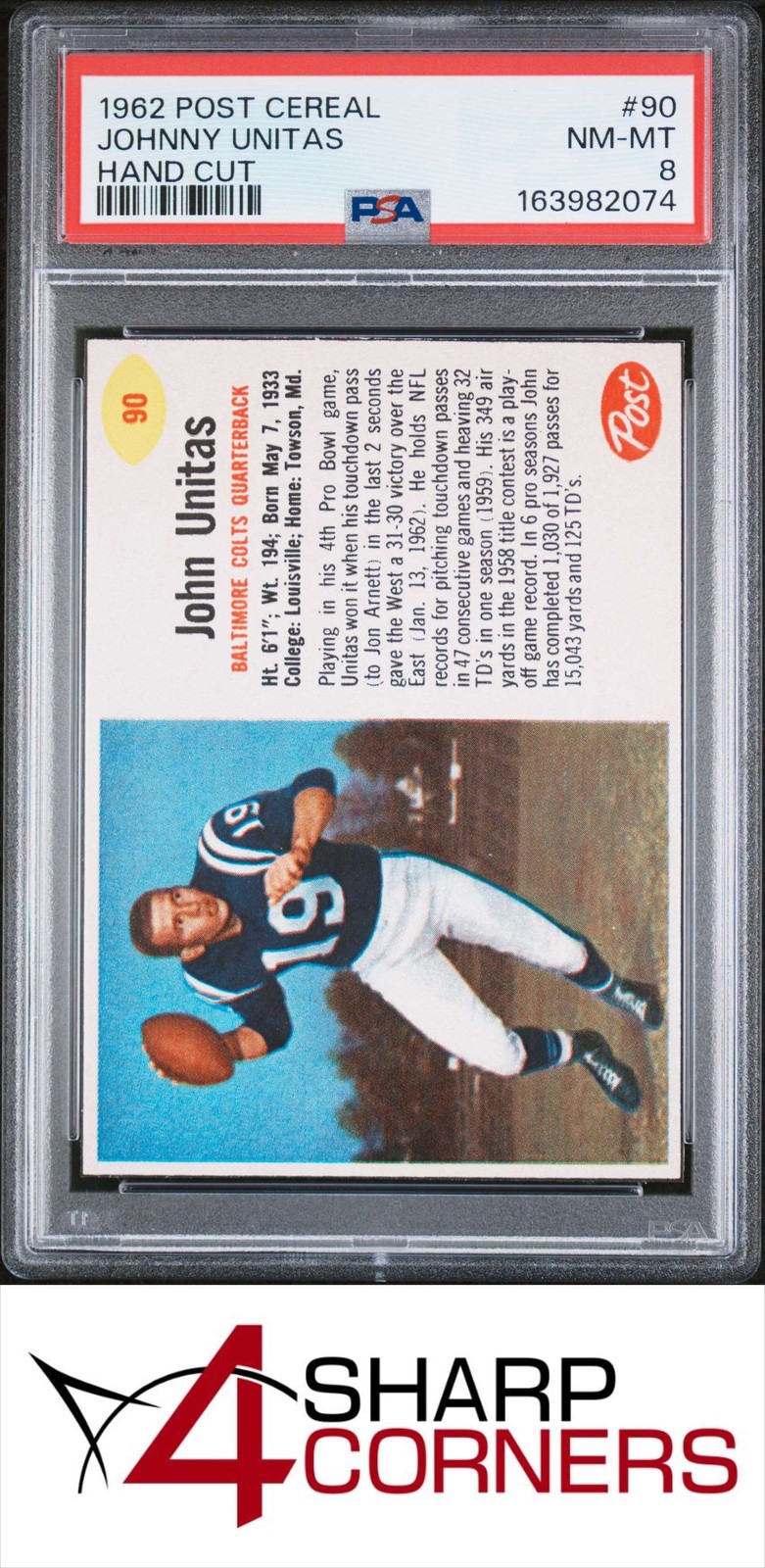 1962 POST CEREAL HAND CUT #90 JOHNNY UNITAS HOF POP 11 PSA 8