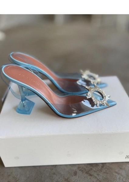Amina Muaddi Blue PVC Begum Crystal Embellished Slingback Pumps Size 38