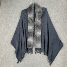 Womens Charcoal Gray Rose Pattern Faux Fur Trimmed Poncho Cape Shawl
