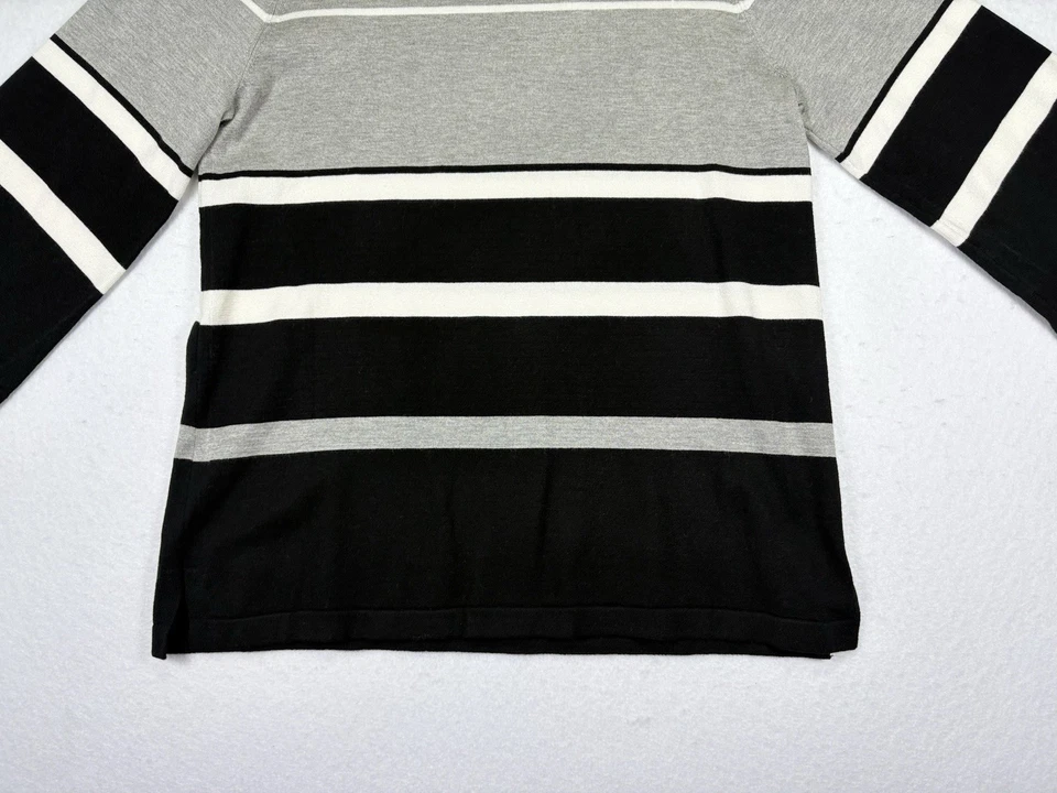 LIZ Claiborne Women’s Medium 3/4 Sleeve Gray/Black/White Strip Sweater Knit Top - Image 2 of 4