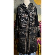 Johnny Was Moody Embroidered Whimsical Bird Grey Brown Sweater Coat Cardigan S