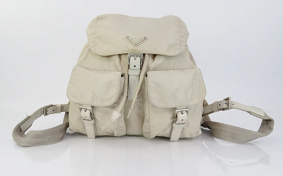 Auténtica Mochila Bolso Cartera PRADA Beige Nylon y Cuero #61778 Foto 2 de 4