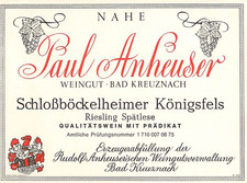 Anheuser Schlobbockelheimer Konigsfels Riesling Germany 1970s 1980s Wine Label
