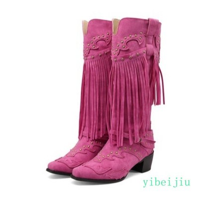 Women Gladiator Knee High Boot Studded Tassel Fringe Cuban Heel Pointy Toe 2026