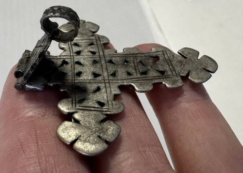 PICK Vintage Ethiopian Jointed Coptic Cross Charm Pendant Silver Tone Tribal 3" image 11