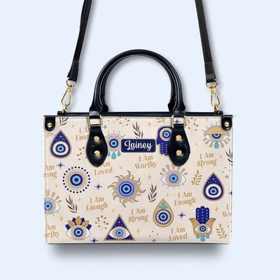 Personalized I Am Strong Believe And Faith Evil Eye Leather Handbag