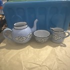 Vintage Enamel White w/Blue trim Set Of 4 Cups & Plates Marked Sweden Child — photo 1
