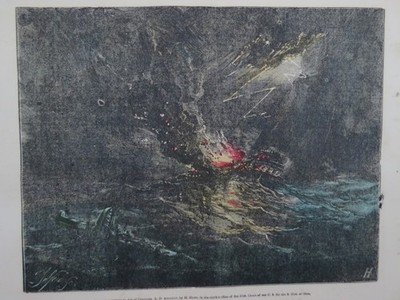 ANTIQUE 1855 HAND COLORED ENGRAVING BURNING OF THE PRINCE SHIP