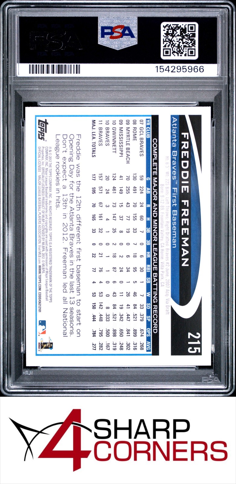 2012 TOPPS #215 FREDDIE FREEMAN 2ND YR BRAVES PSA 9 view 2
