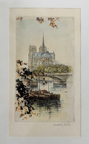 Hand Coloured Etching by Henri Le Riche ‘View Across Seine’ Paris, Signed - Picture 2 of 6