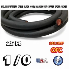 25' FT 1/0 AWG WELDING/BATTERY CABLE BLACK  600V MADE IN USA COPPER EPDM JACKET