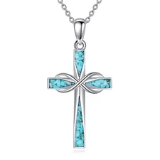 Sterling Silver Cross Necklace Turquoise Opal Religious Jewelry Gift Pendant