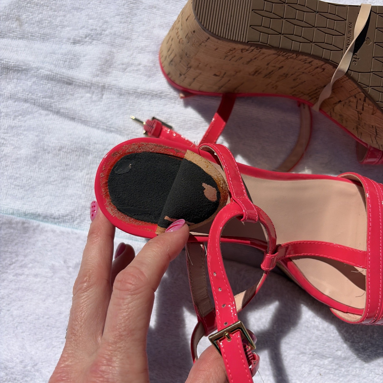 KATE SPADE Hot Pink Patent Cork Wedge Platform Sandal Strappy Heels Size 6.5 thumbnail 4