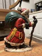 Vintage Cast Iron Santa Claus Doorstop w/ Staff Sack Hand-Painted Christmas 4.3