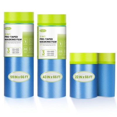 Pre-Taped Masking Film for Painting, 59/43/ 22 in * 66 FT, 3-Rolls Painters P...