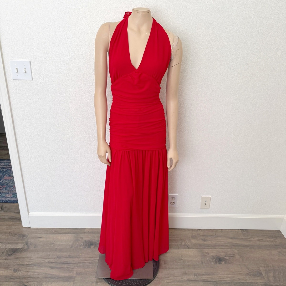 Anthropologie Bardot Sz 12 Red Mave Halter Neck Maxi Dress Low Back Ruched  Slit | eBay