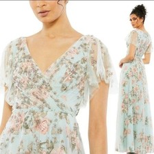MAC DUGGAL Floral Flutter Sleeve V Neck Maxi Dress Size 8 #70125 Blue Green Pink