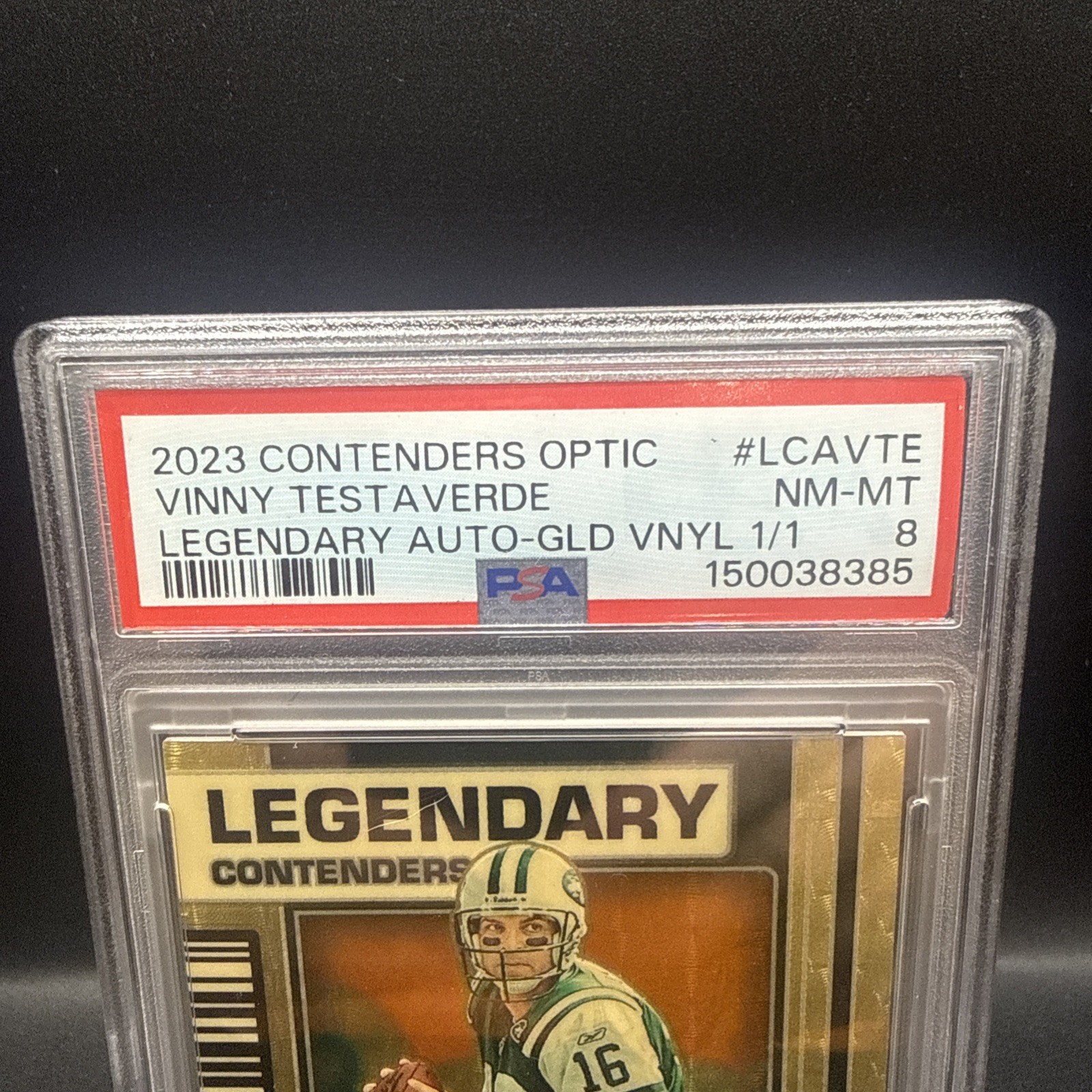 2023 Contenders Optic Legendary  Vinny Testaverde Auto Gold VNYL PSA 8 1/1 view 2