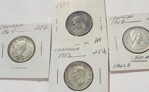Canada Silver 4 Quarter Lot – 1949 AU – 1952 1964 1968 XF – Pre-1967 80% Silver